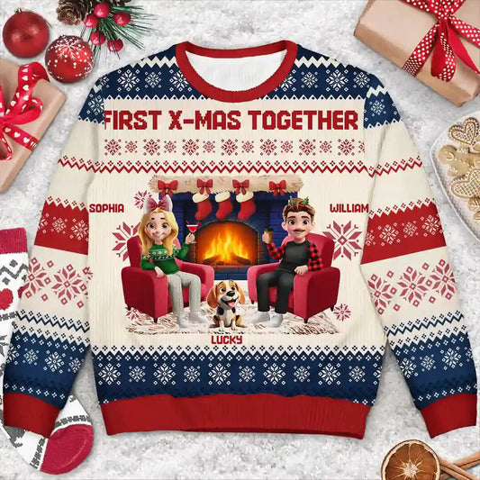 3D Effect Couple With Kids And Pets - Personalized Unisex Ugly Sweater