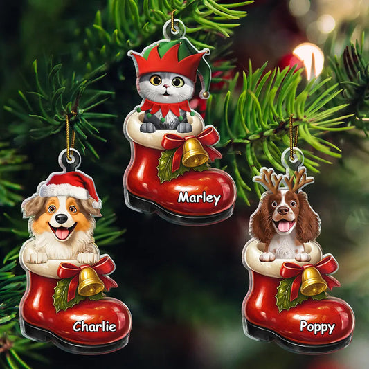 3D Effect Christmas Dog In The Boot - Personalized Custom Shaped Acrylic Ornament