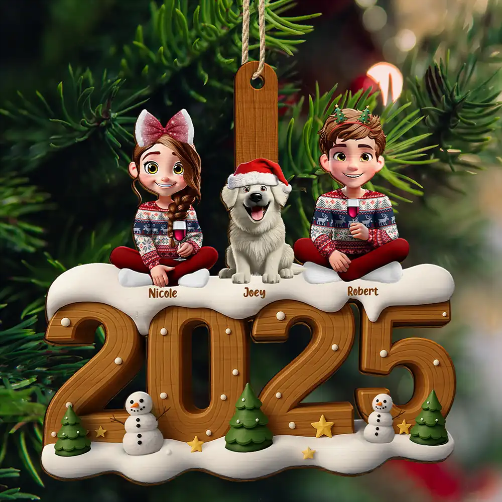 3D Effect Christmas Family And Dog Cat - Personalized Custom Shaped Wooden Ornament
