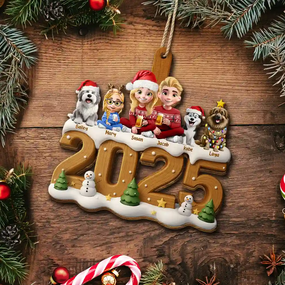 3D Effect Christmas Family And Dog Cat - Personalized Custom Shaped Wooden Ornament