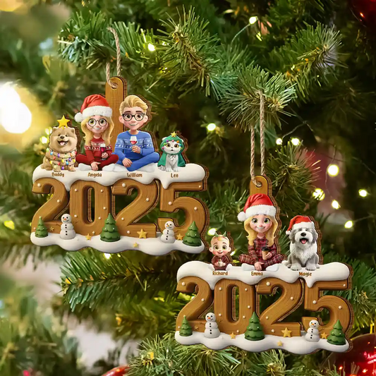 3D Effect Christmas Family And Dog Cat - Personalized Custom Shaped Wooden Ornament