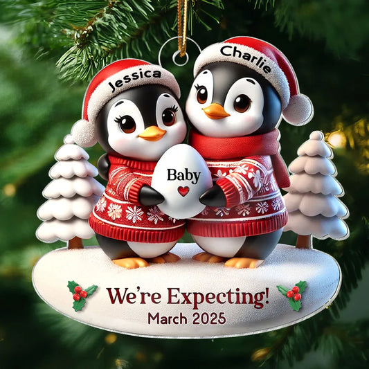 3D Effect Cute Penguin Couple Expecting Parents Pregnancy Announcement Keepsake Personalized Acrylic Ornament