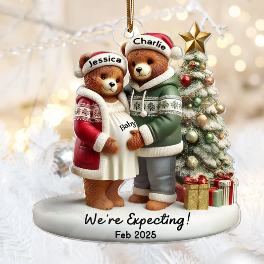 3D Effect Bear Couple Family Expecting New Baby Pregnancy Announcement Keepsake Personalized Acrylic Ornament