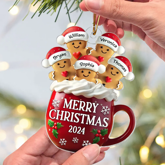 3D Effect Gingerbread Family In Hot Cocoa Christmas Decor Personalized Acrylic Ornament