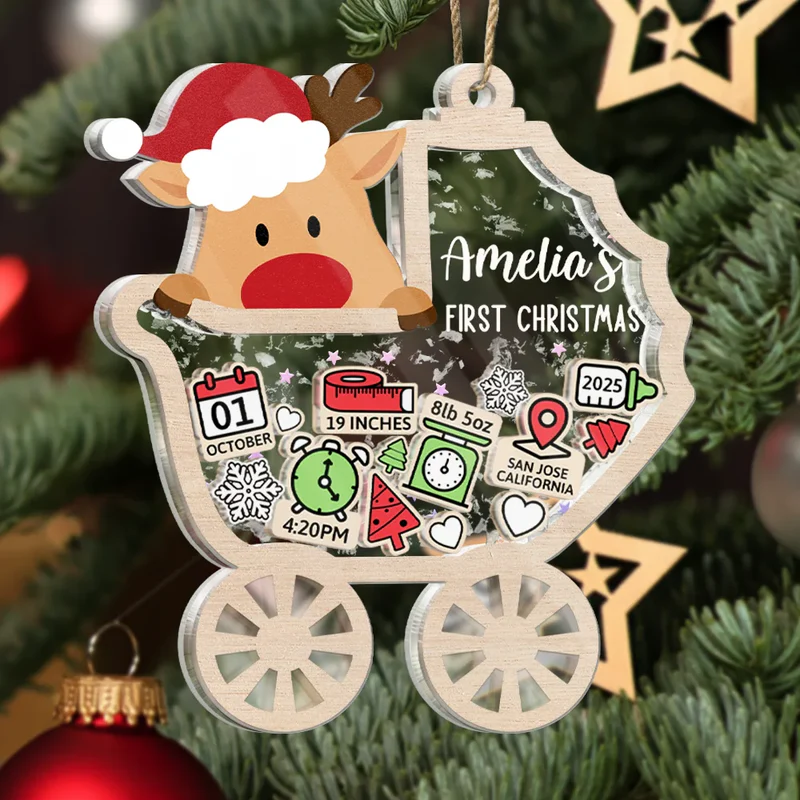 Baby Carriage New Baby Information Keepsake - Personalized 3-Layered Acrylic Shaker Ornament