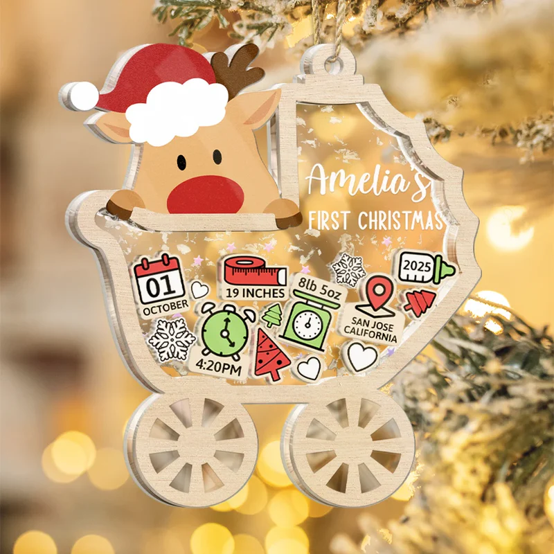 Baby Carriage New Baby Information Keepsake - Personalized 3-Layered Acrylic Shaker Ornament