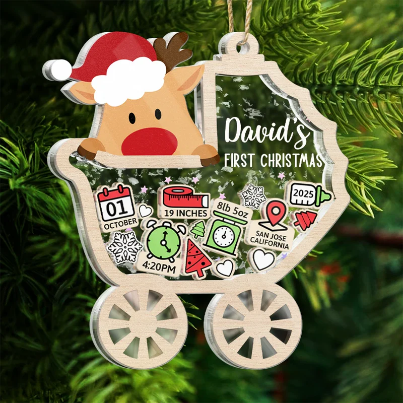 Baby Carriage New Baby Information Keepsake - Personalized 3-Layered Acrylic Shaker Ornament