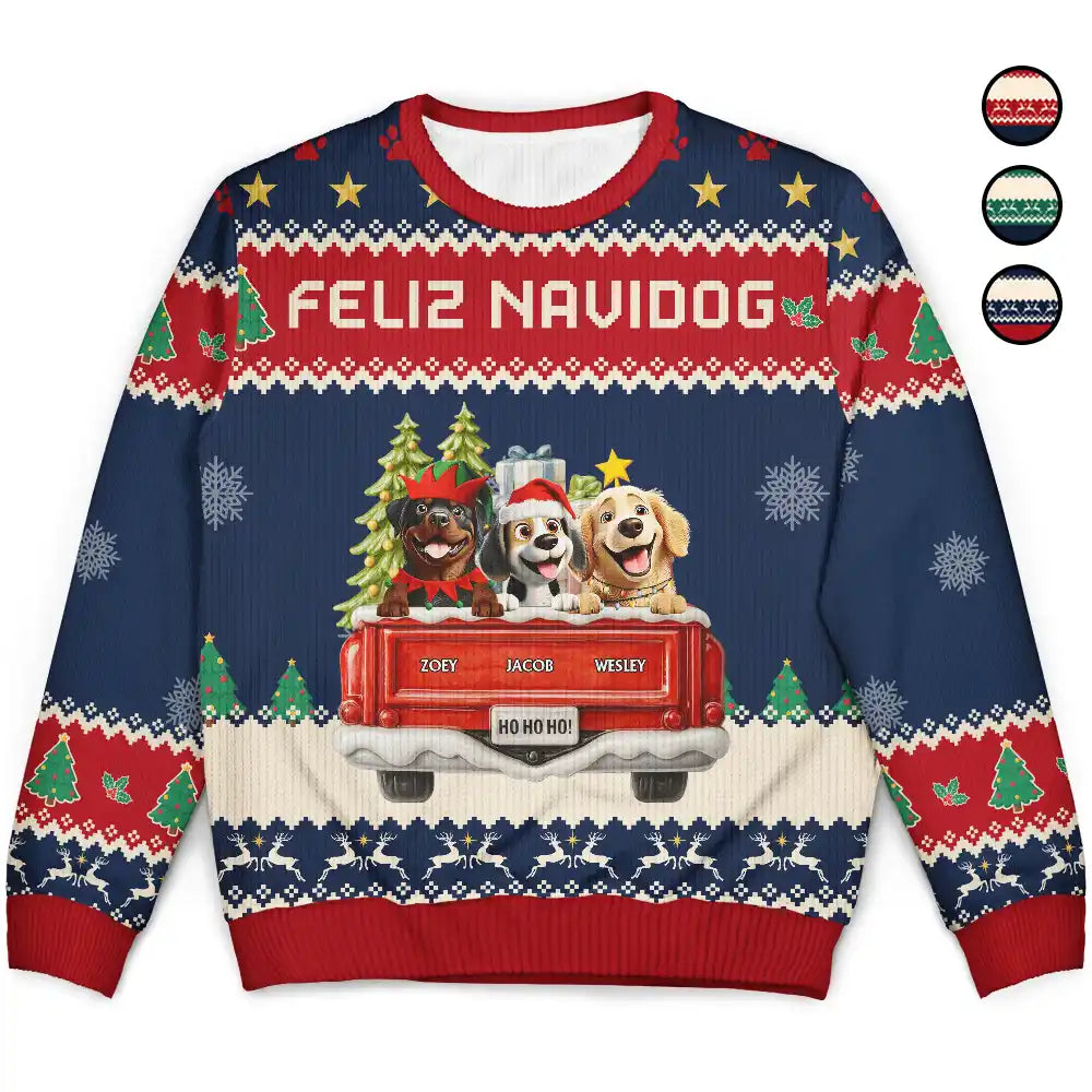 Feliz Navidog Truck Red - Personalized Unisex Ugly Sweater