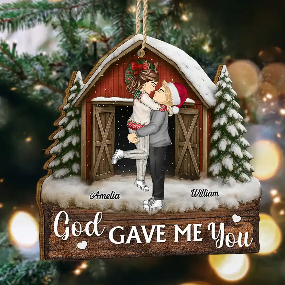 God Gave Me You Couple Red Barn - Personalized Custom Shaped Wooden Ornament