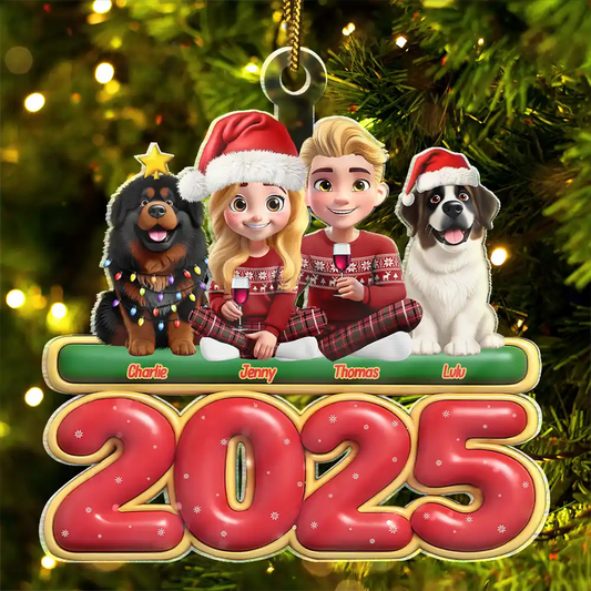 3D Effect Couple Sitting With Dogs - Personalized Custom Shaped Acrylic Ornament