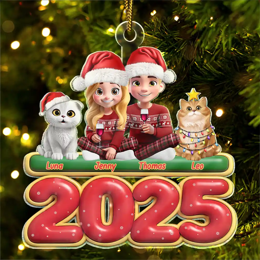 3D Effect Couple Sitting With Cats - Personalized Custom Shaped Acrylic Ornament