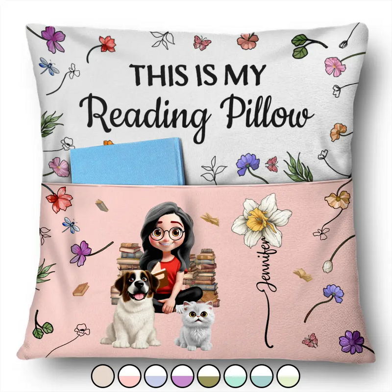 My Reading Pillow Reading Girl With Pets & Birth Month Flower - Personalized Pocket Pillow