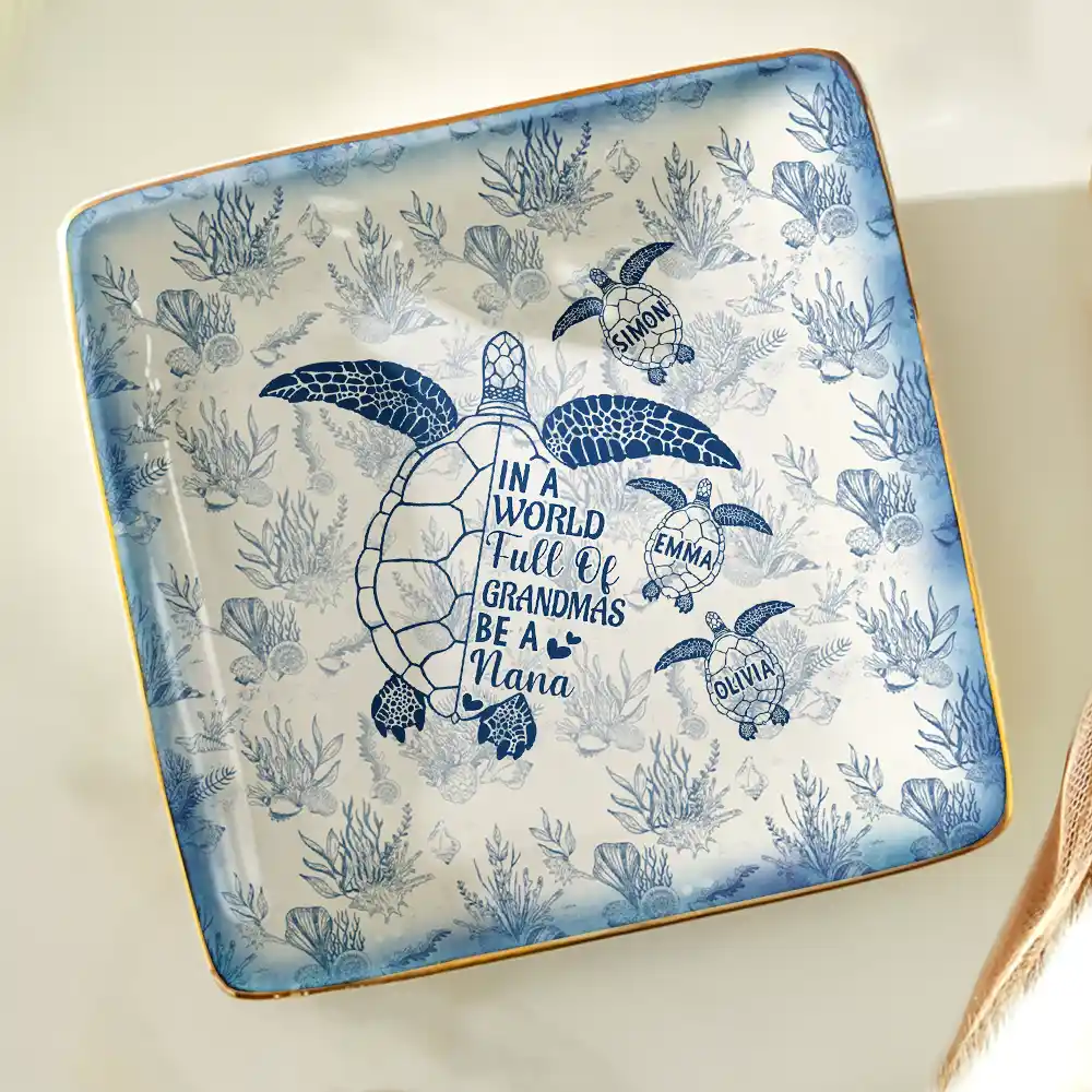 Toile De Jouy Sea Turtle World Full Of Grandmas - Personalized Ring Dish