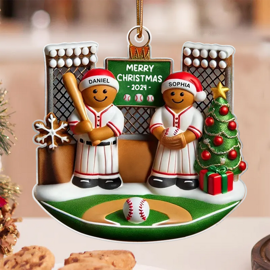 3D Effect Baseball Gingerbread Family On Field Sport Lover Personalized Acrylic Ornament