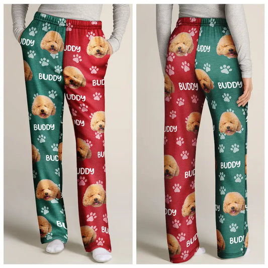 Custom Photo Red Green Pet Face - Personalized Pajama Pants