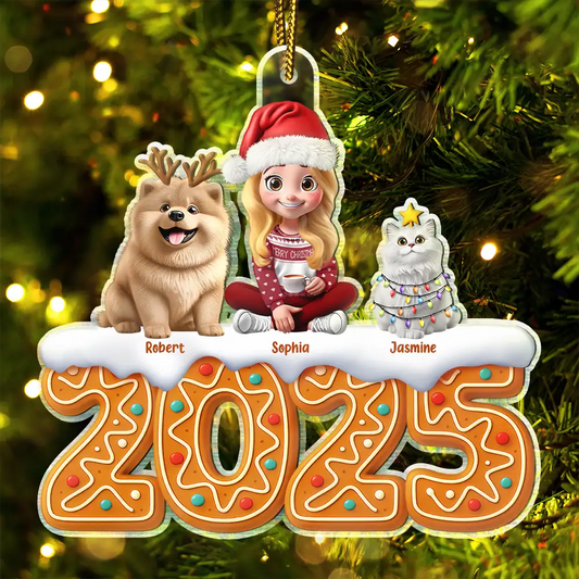 3D Effect Woman Man Sitting With Dog Cat Christmas Gingerbread - Personalized Custom Shaped Acrylic Ornament
