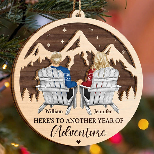 Couple Adventure Here's To Another Year Of Adventure - Personalized Wooden Ornament