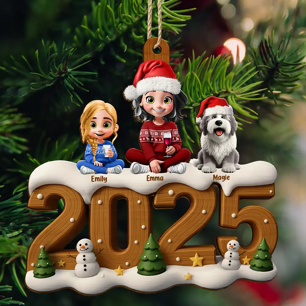 3D Effect Christmas Family And Dog Cat - Personalized Custom Shaped Wooden Ornament