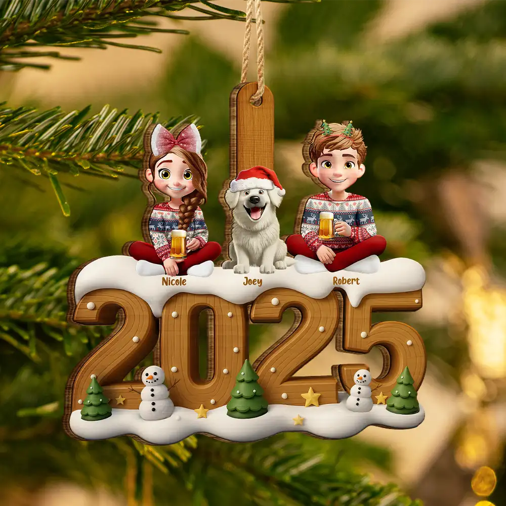 3D Effect Christmas Family And Dog Cat - Personalized Custom Shaped Wooden Ornament