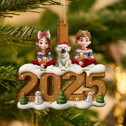 3D Effect Christmas Family And Dog Cat - Personalized Custom Shaped Wooden Ornament