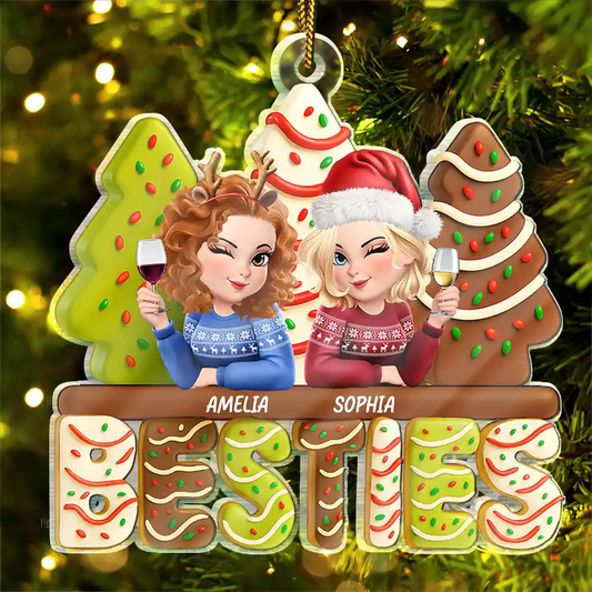 3D Effect Christmas Tree Cake Besties Sisters - Personalized Custom Shaped Acrylic Ornament