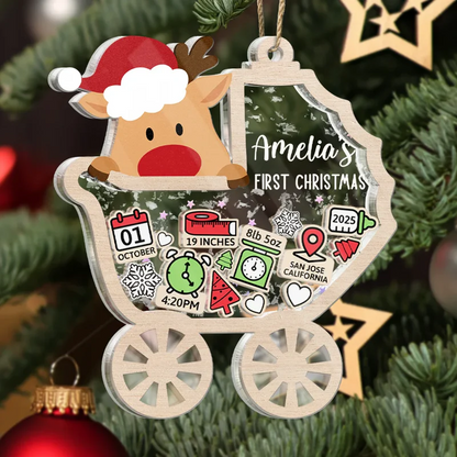 Baby Carriage New Baby Information Keepsake - Personalized 3-Layered Acrylic Shaker Ornament