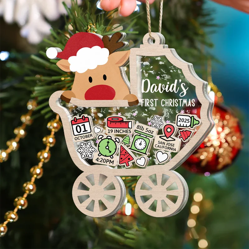 Baby Carriage New Baby Information Keepsake - Personalized 3-Layered Acrylic Shaker Ornament