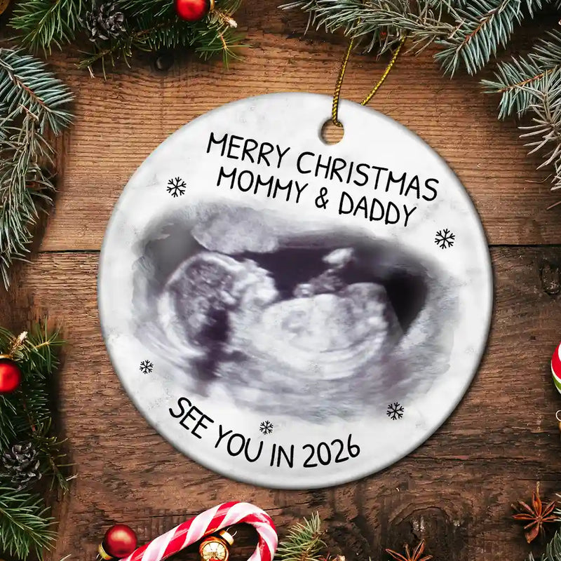 Custom Photo Baby Expecting See You In 2026 - Personalized Circle Acrylic Ornament