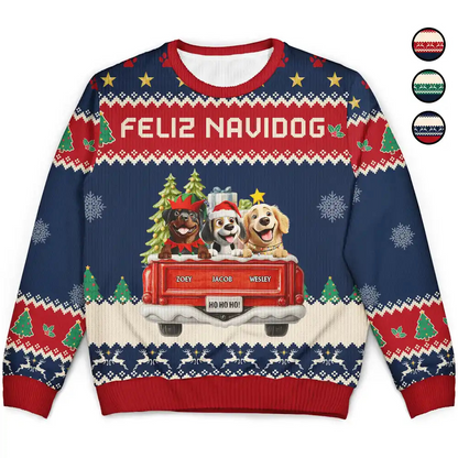 Feliz Navidog Truck Red - Personalized Unisex Ugly Sweater