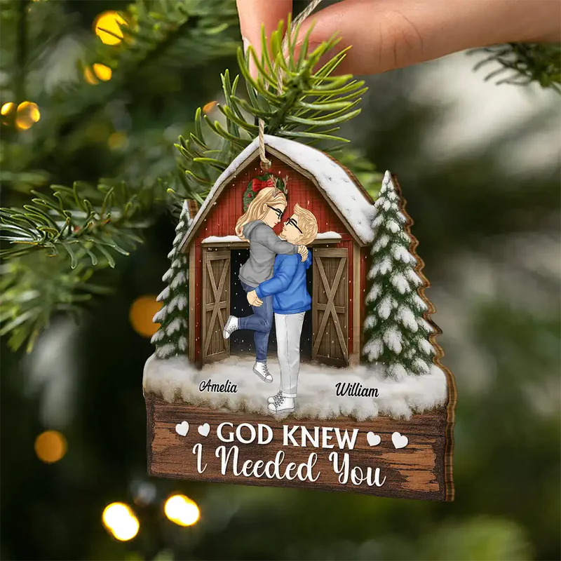 God Gave Me You Couple Red Barn - Personalized Custom Shaped Wooden Ornament