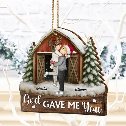 God Gave Me You Couple Red Barn - Personalized Custom Shaped Wooden Ornament