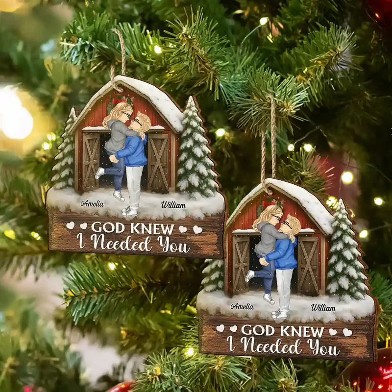 God Gave Me You Couple Red Barn - Personalized Custom Shaped Wooden Ornament