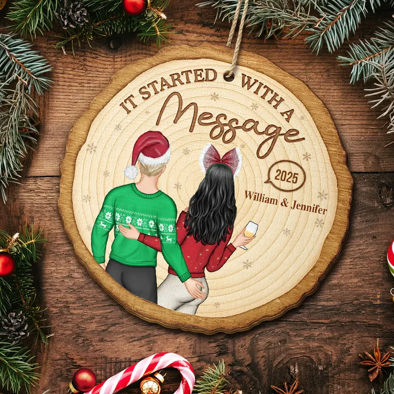 It Started With A Message Online Dating Couple - Personalized Custom Shaped Wooden Ornament