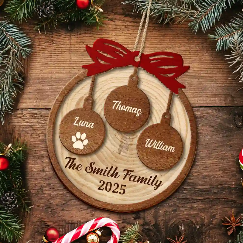 Happy Family Merry Christmas - Personalized Wooden Ornament