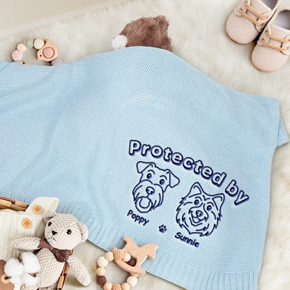 Protected By Dogs - Personalized Embroidered Knitted Baby Blanket