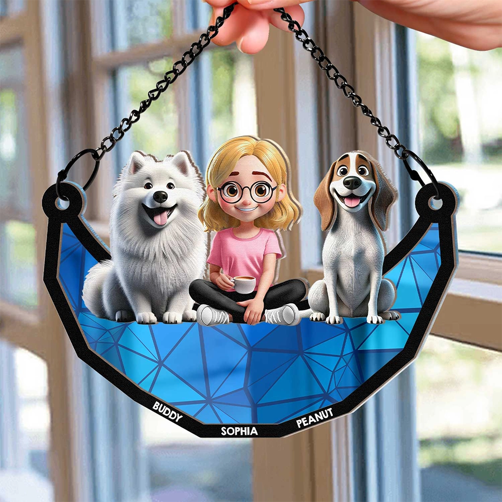 3D Cartoon Dog And Women Sit On The Moon - Personalized Window Hanging Suncatcher Ornament
