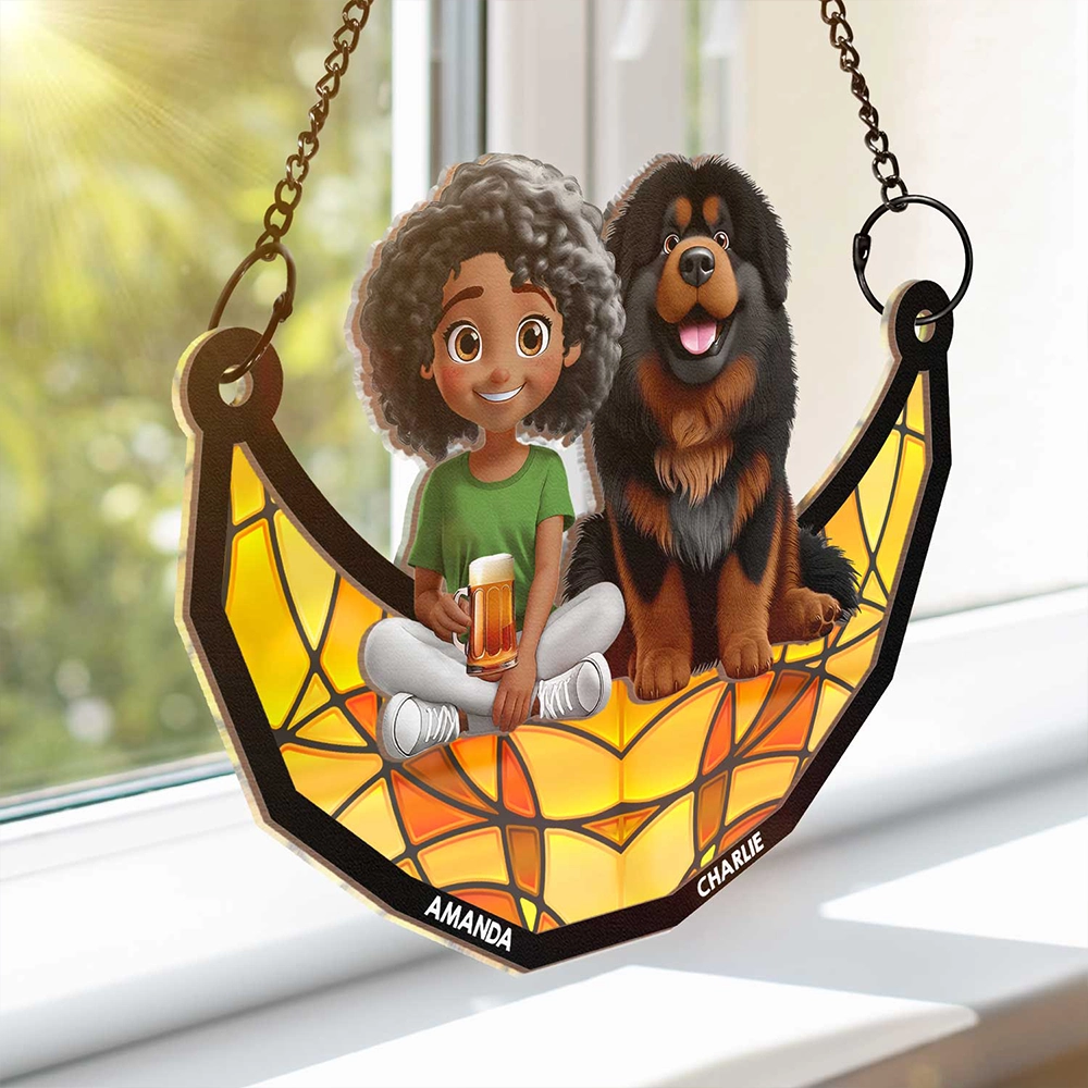 3D Cartoon Dog And Women Sit On The Moon - Personalized Window Hanging Suncatcher Ornament