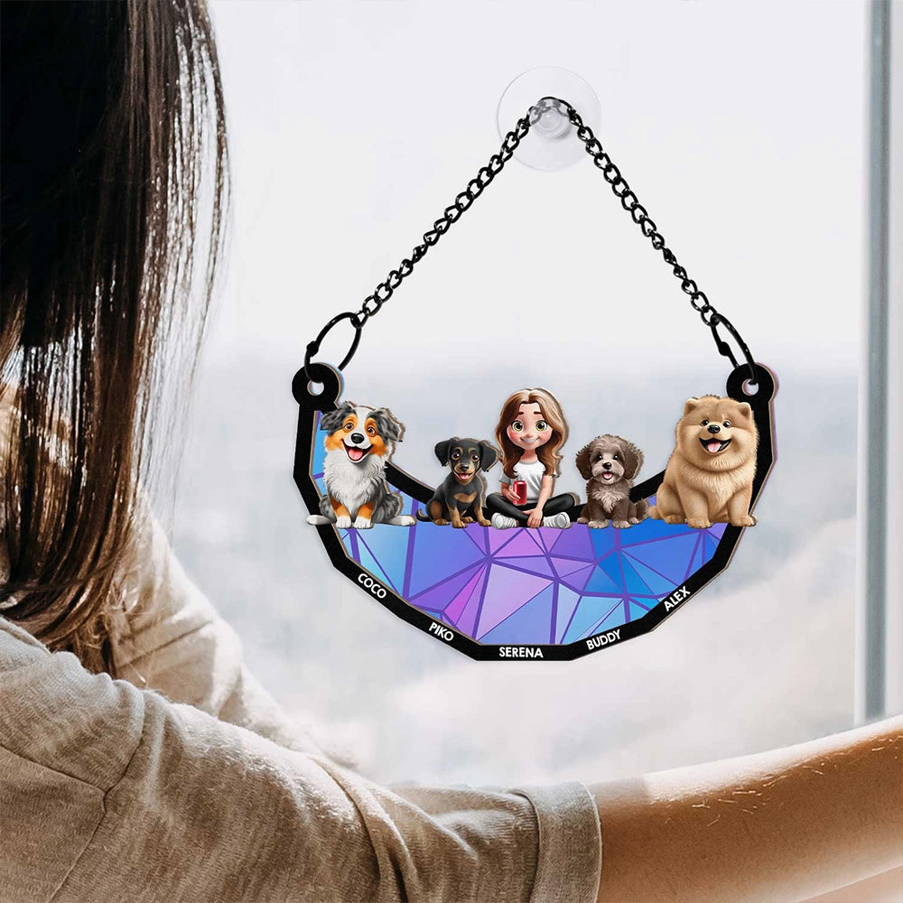 3D Cartoon Dog And Women Sit On The Moon - Personalized Window Hanging Suncatcher Ornament