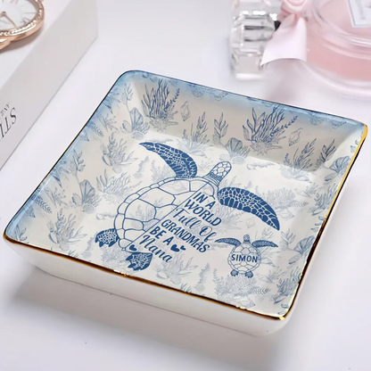 Toile De Jouy Sea Turtle World Full Of Grandmas - Personalized Ring Dish