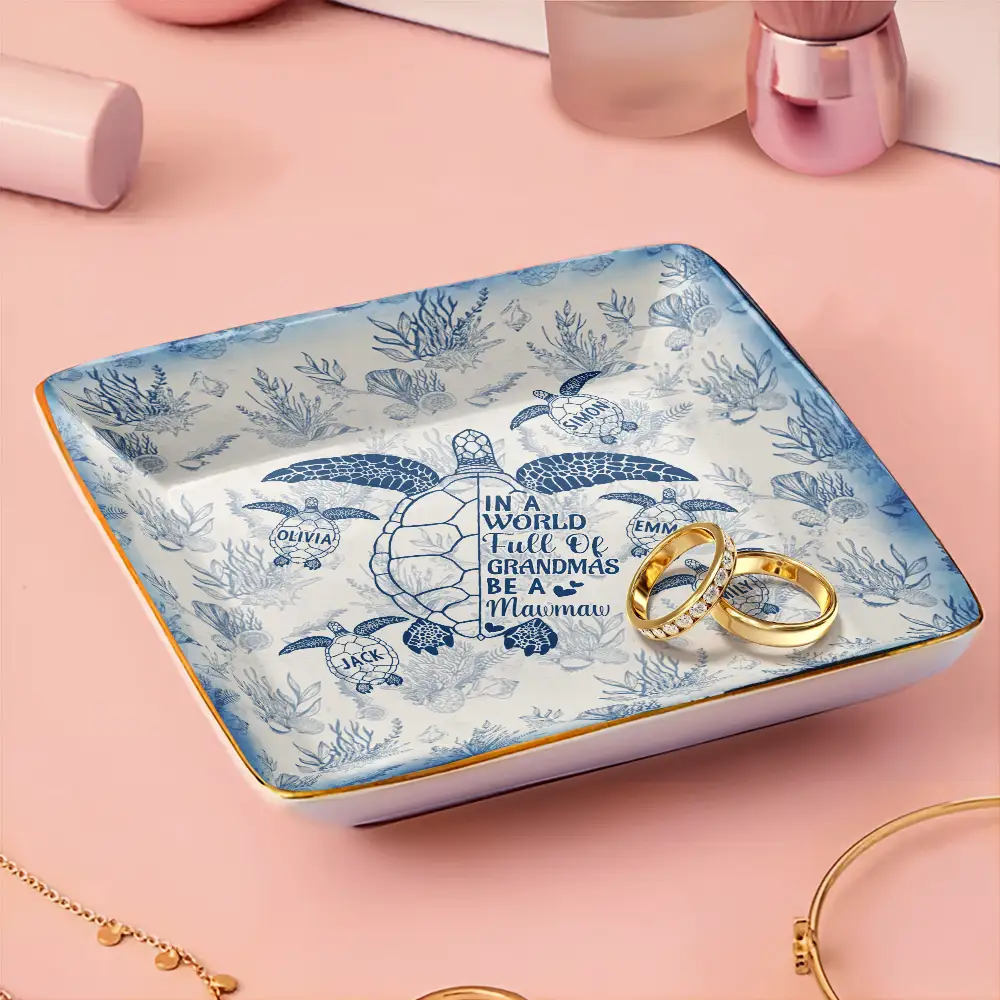 Toile De Jouy Sea Turtle World Full Of Grandmas - Personalized Ring Dish