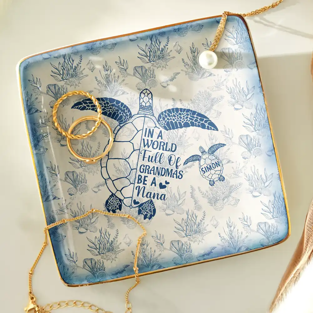 Toile De Jouy Sea Turtle World Full Of Grandmas - Personalized Ring Dish