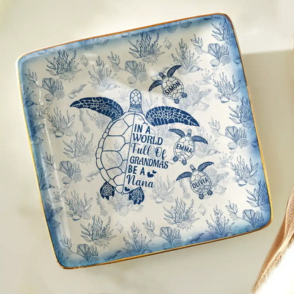 Toile De Jouy Sea Turtle World Full Of Grandmas - Personalized Ring Dish